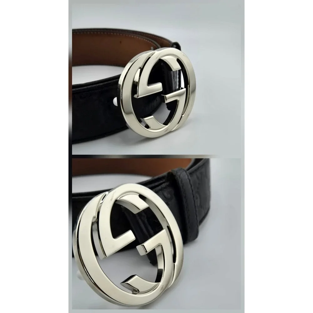 Gucci Interlocking G Belt Black Guccissima Leather Silver Buckle 95 38